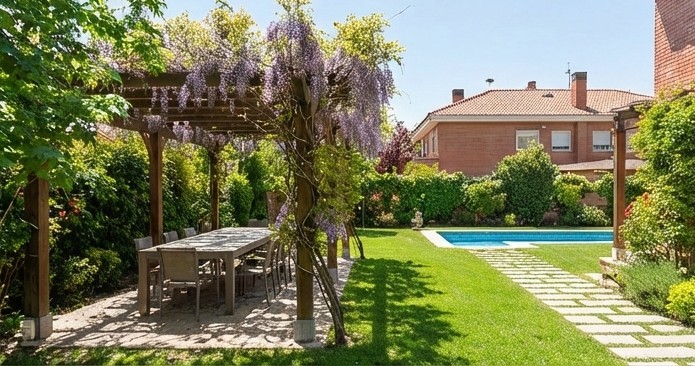 pérgola jardín con piscina madrid
